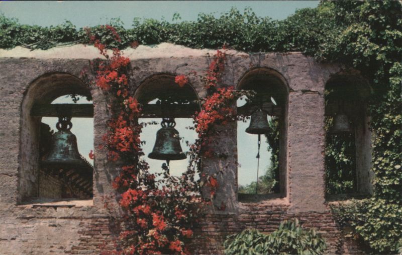Mission San Juan Capistrano Bell Tower with Bells & Flowers California