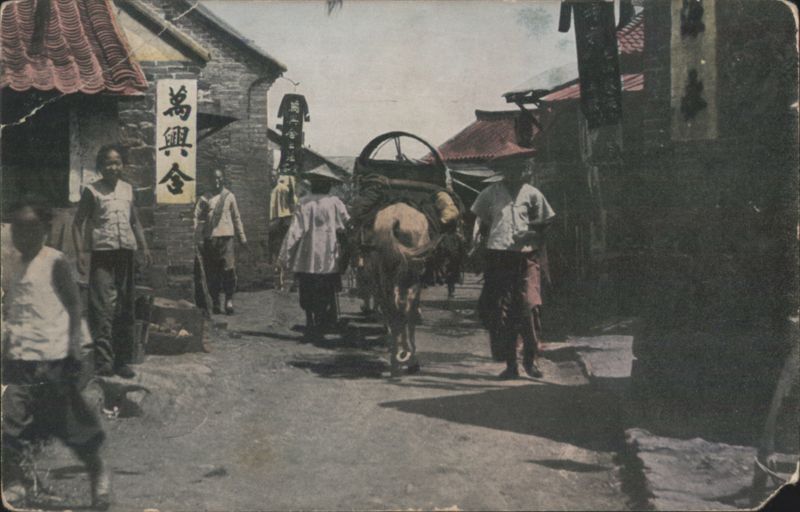 Street Scene, Chefoo, China - Donkey Cart & People