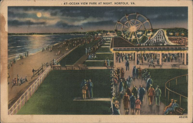 Ocean View Park at Night, Ferris Wheel & Roller Coaster Norfolk Virginia