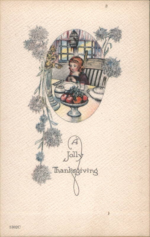 A Jolly Thanksgiving Girl at Table with Flowers Children