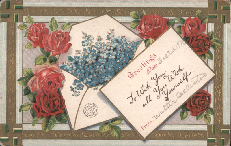 Greetings Card, Roses & Forget-Me-Nots, 1910 Flowers