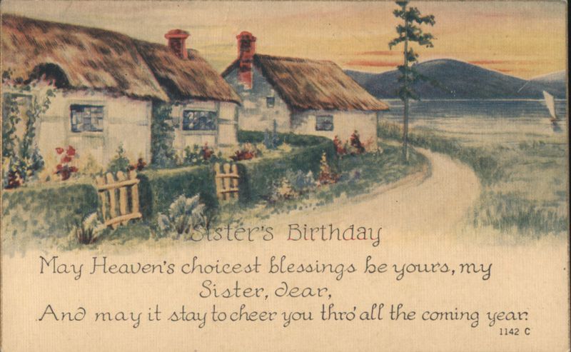 Sister's Birthday Greeting Thatched Cottages by Water