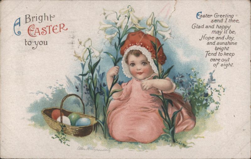 Bright Easter Greeting, Child with Lilies & Eggs Ellen Clapsaddle