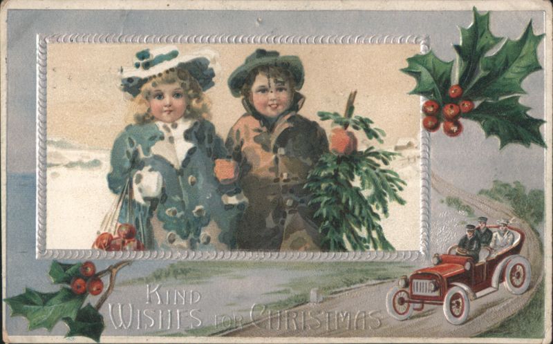 Children in Winter Scene with Holly, Christmas Wishes