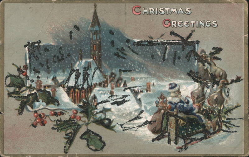 Christmas Greetings Snowy Village Santa Sleigh Holly