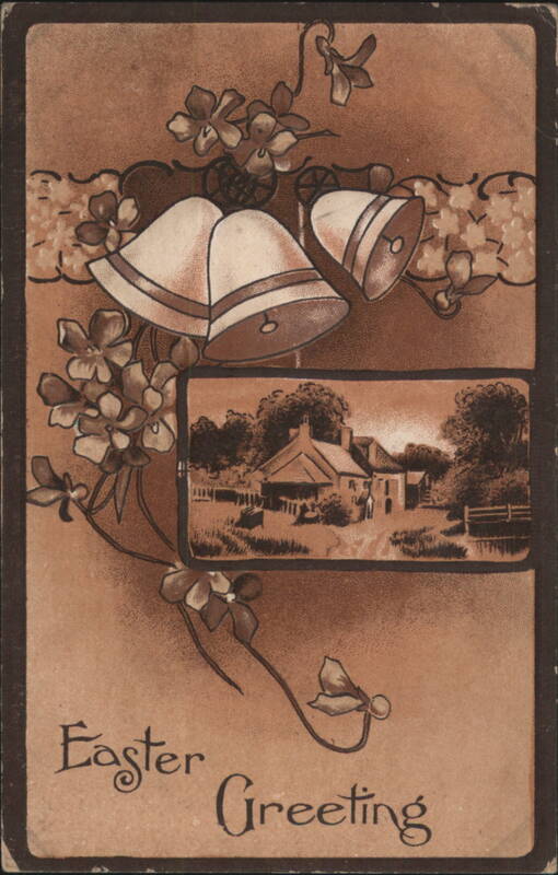 Easter Greeting with Bells, Flowers, and Cottage Scene