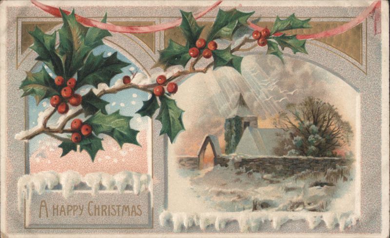 A Happy Christmas Holly Berries Winter Church Scene