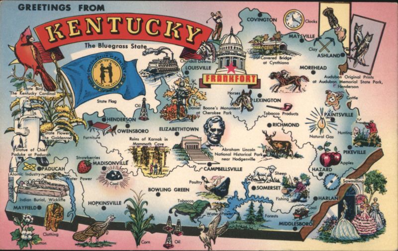 Greetings From Kentucky Pictorial Map Landmarks