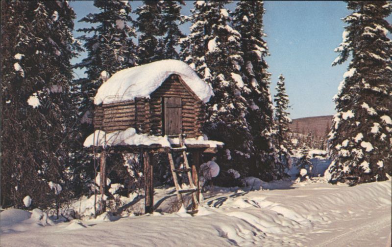 Alaskan Food Cache on Stilts, Winter Forest Scene Fairbanks