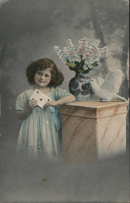 Girl with Dove Statue & Flowers, Holding Card Children