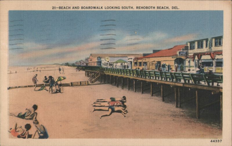 Beach & Boardwalk Looking South, Rehoboth Beach, DE Delaware