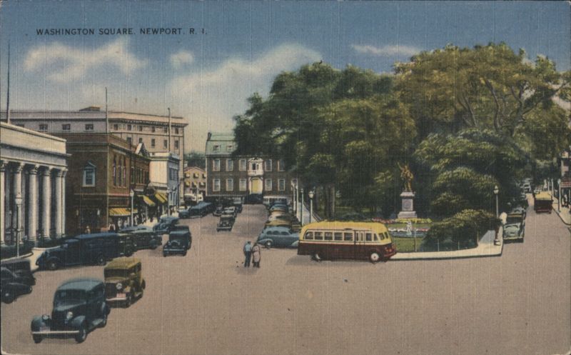 Washington Square, Street Scene with Cars & Bus Newport Rhode Island