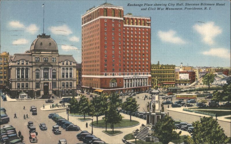 Exchange Place showing City Hall, Sheraton Biltmore Hotel and Civil War Monument Providence Rhode Island