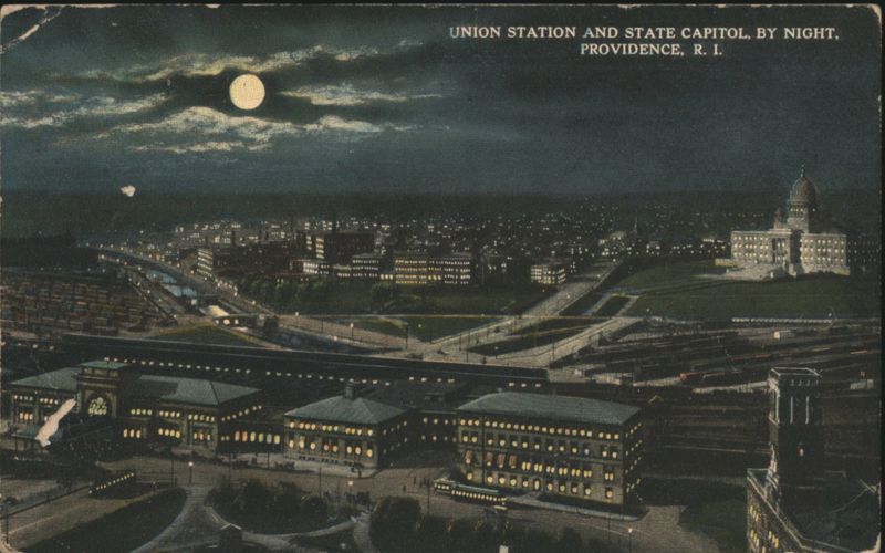 Union Station and State Capitol, By Night, Moonlight Providence Rhode Island