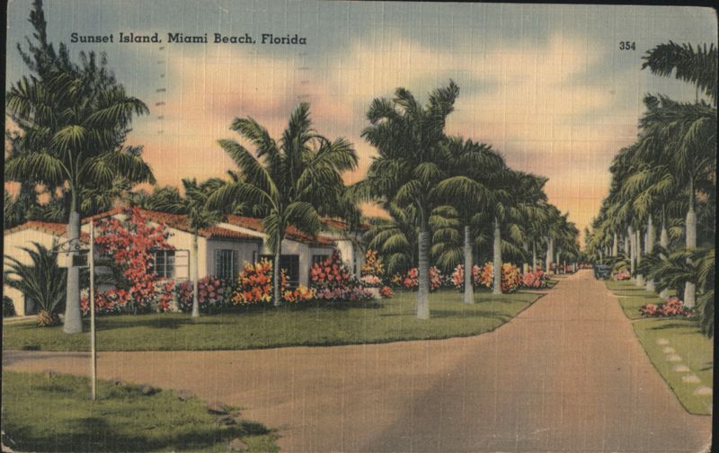 Sunset Island Street View with Palm Trees & Homes Miami Beach Florida