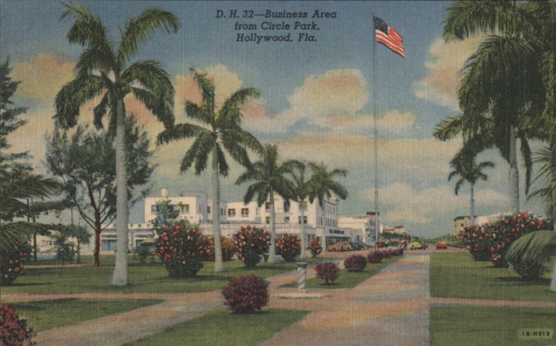 Business Area from Circle Park with Palm Trees & Flag Hollywood Florida
