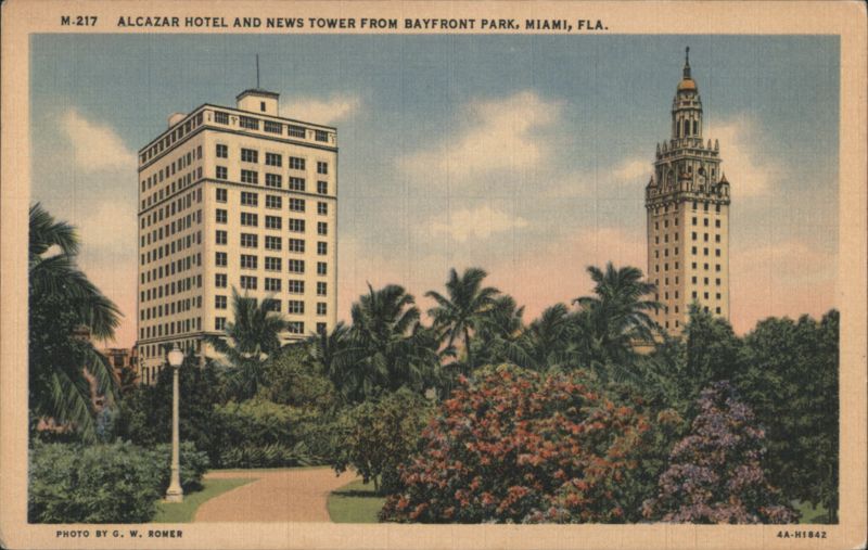 Alcazar Hotel and News Tower from Bayfront Park MIAMI Florida