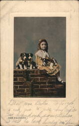 Young Girl with Three Dogs, Her Favorite, on Brick Wall Postcard