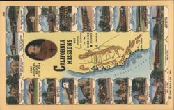 California Missions Map & Illustrations Fray Junipero Serra Postcard