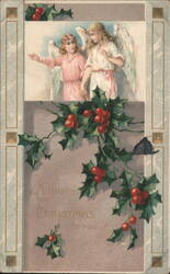 Christmas Angels, Holly & Berries, Happy Christmas Postcard