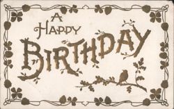 A Happy Birthday Bird Branch Clover Leaves Postcard
