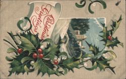Christmas Greetings Holly Mistletoe Winter Scene Postcard