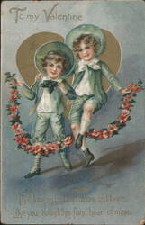 To my Valentine: Boys with Rose Garland & Golden Heart Postcard