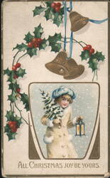 Christmas Holly Bells Child with Tree, All Joy Be Yours Postcard