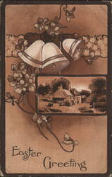 Easter Greeting with Bells, Flowers, and Cottage Scene Postcard