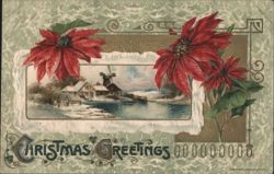 Christmas Greetings, Poinsettias, Winter Village Windmill Postcard