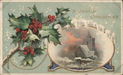 A Joyful Christmas Holly & Snowy Church Scene Postcard