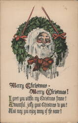Santa Claus Holly Wreath Merry Christmas Poem Postcard