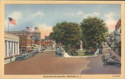 Washington Square, Newport, RI with Vintage Cars Postcard