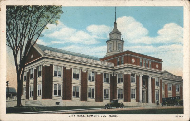 Somerville City Hall with Tower and Cars Massachusetts