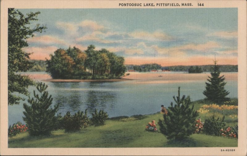 Pontoosuc Lake, Scenic View with Island and People Pittsfield Massachusetts