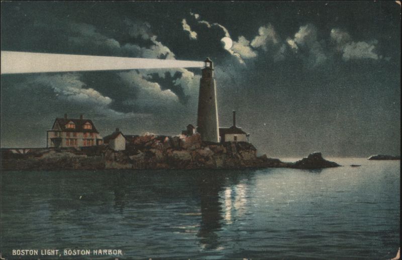 Boston Light, Boston Harbor at Night with Moon Massachusetts