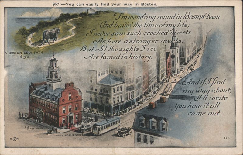Boston Cow-Path 1630 & Old State House, Washington St. Massachusetts
