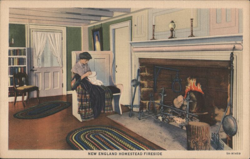 New England Homestead Fireside Woman Sewing Massachusetts