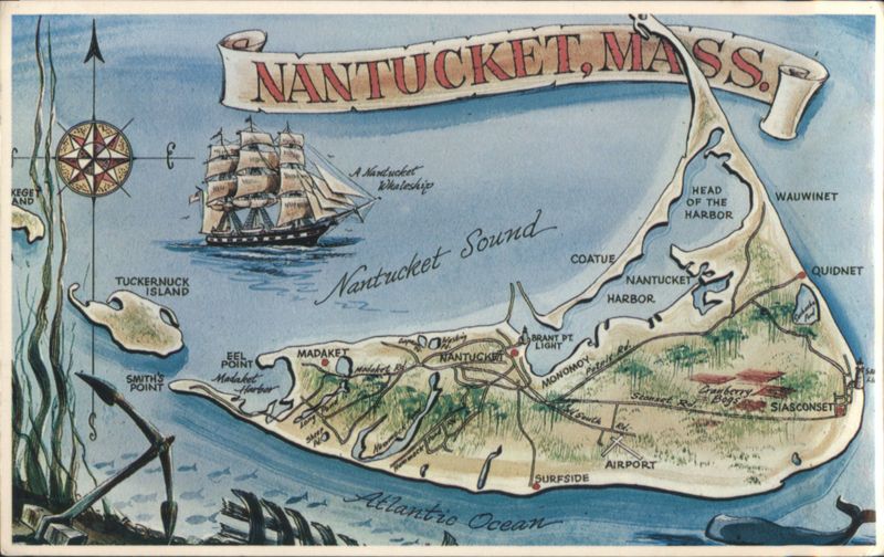 Nantucket Island Map with Whaleship & Landmarks, MA Massachusetts