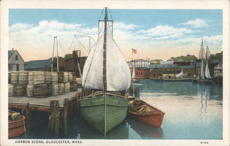 Harbor Scene with Sailboats and Barrels Gloucester Massachusetts