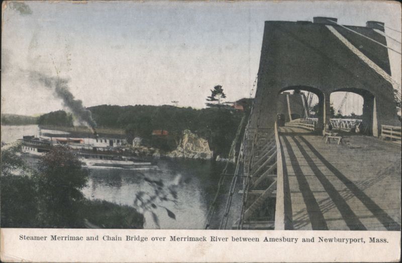 Steamer Merrimac and Chain Bridge over Merrimack River Amesbury, Newburyport Massachusetts