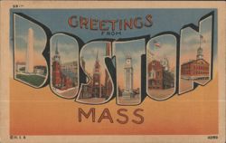 Greetings from Boston Mass. Letter View Landmarks Postcard