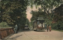 Streetcars on Tree-Lined Street, Entrance to Subway Postcard