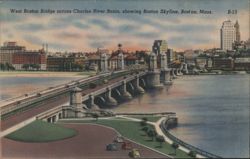 West Boston Bridge, Charles River Basin, Boston Skyline Postcard