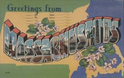 Greetings from Massachusetts State Outline Landmarks Postcard