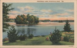 Pontoosuc Lake, Scenic View with Island and People Postcard