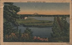 Marsh Scene, Cape Cod, MA with House and Distant Arch Postcard