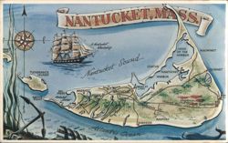 Nantucket Island Map with Whaleship & Landmarks, MA Postcard