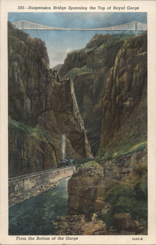 Suspension Bridge Spanning Royal Gorge, Train Below Colorado