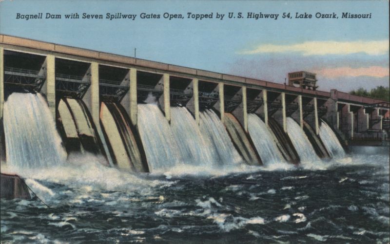 Bagnell Dam, Seven Spillway Gates Open, U.S. Highway 54 Lake Ozark Missouri